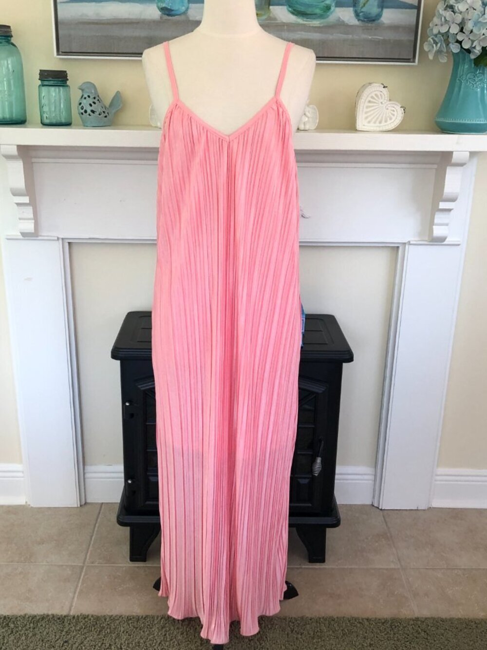 Pink Satin Accordion Pleated Maxi Dress Spaghetti Straps Medium